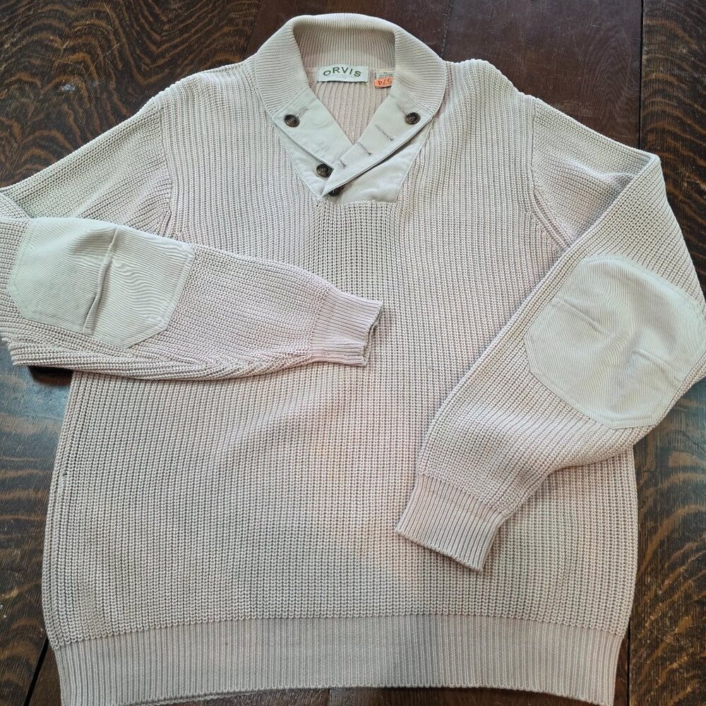 Orvis Men's Rib-Knit Shawl Collar Elbow Patch Sweater cream/light tan color M